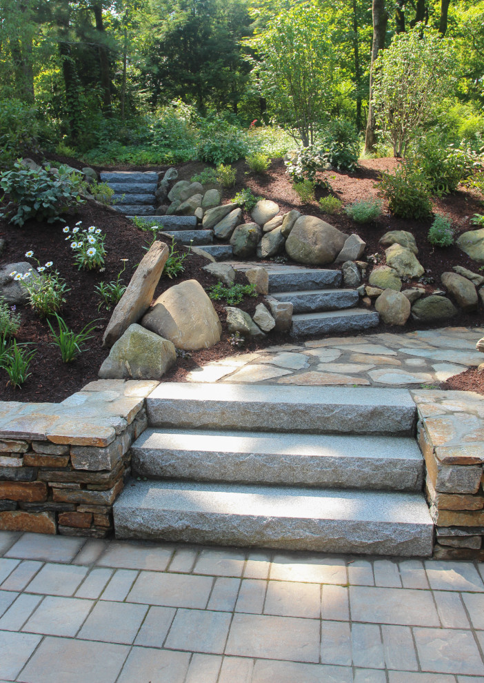 This is an example of an expansive traditional backyard partial sun garden in Boston with with path.