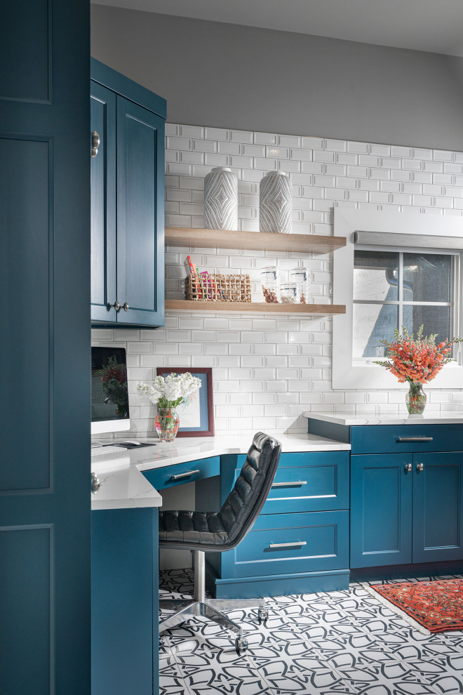 Design ideas for a large transitional utility room in Other with an undermount sink, blue cabinets, quartz benchtops, white walls, ceramic floors, a side-by-side washer and dryer, white floor, white benchtop and recessed-panel cabinets.