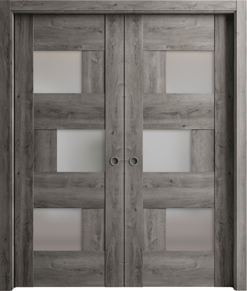 Sliding Double Pocket Doors, 6933 Nebraska Grey & Frosted Glass, 48"x96