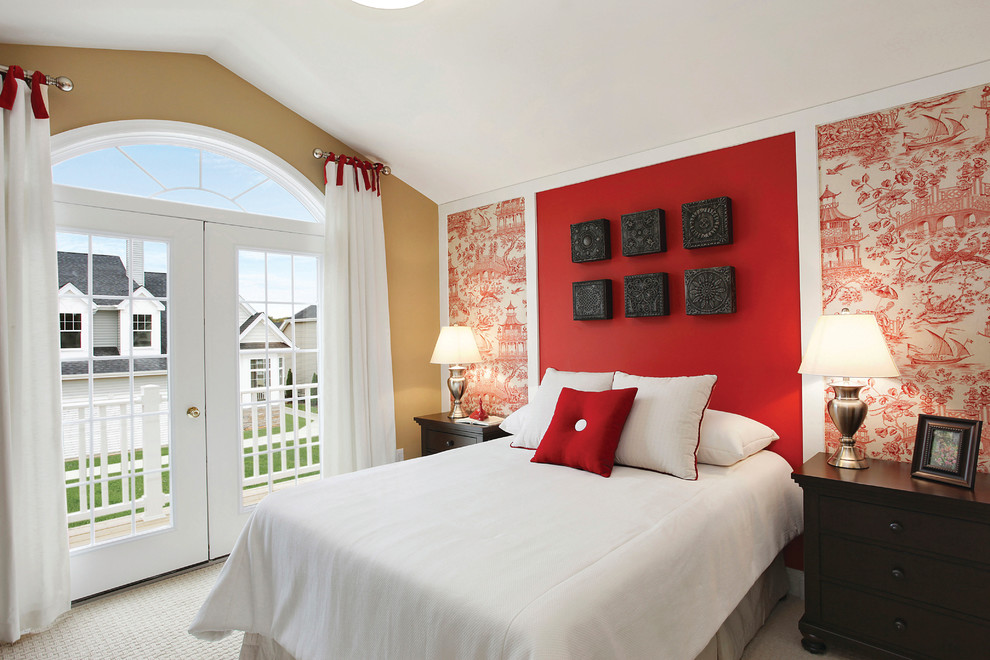 Photo of a mid-sized asian guest bedroom in New York with red walls and carpet.