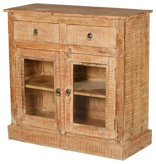 Wild West Rustic Mango Wood Glass Door 2 Drawer Small Buffet