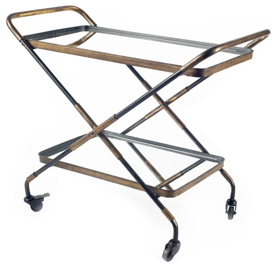 Charlize Gold Metal Two-Tier w/ Mirrored Shelves Bar Cart - Industrial ...