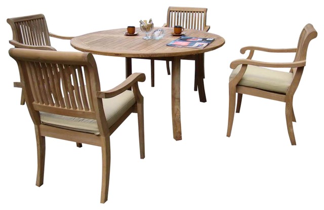 5-Piece Outdoor Teak Dining Set, 48" Round Table and 4 Arbor Arm Stacking Chairs
