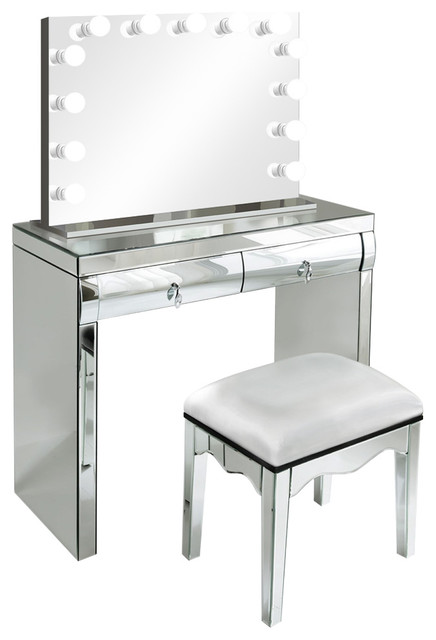 40" mirrored vanity table with chair and led hollywood mirror
