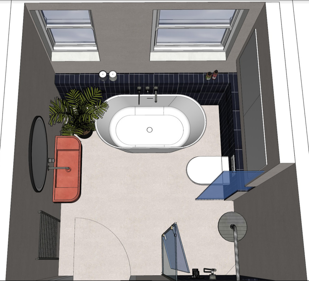 Inspiration pour une salle de bain design de taille moyenne pour enfant avec une baignoire indépendante, une douche ouverte, WC à poser, un carrelage gris, des carreaux de porcelaine, un mur gris, un sol en carrelage de porcelaine, un lavabo suspendu, un plan de toilette en béton, un sol gris, une cabine de douche à porte battante, un plan de toilette orange et meuble simple vasque.