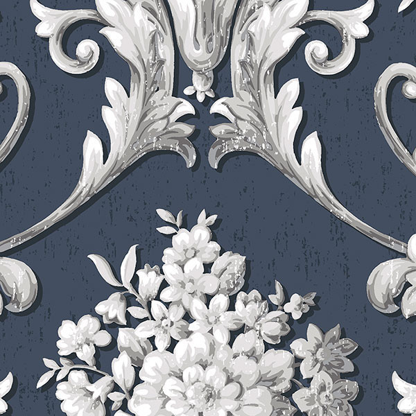 Fl Damask Navy Silver Cs35627 Contemporary Wallpaper By Fl Damask Navy Silver Cs35627 Double Roll