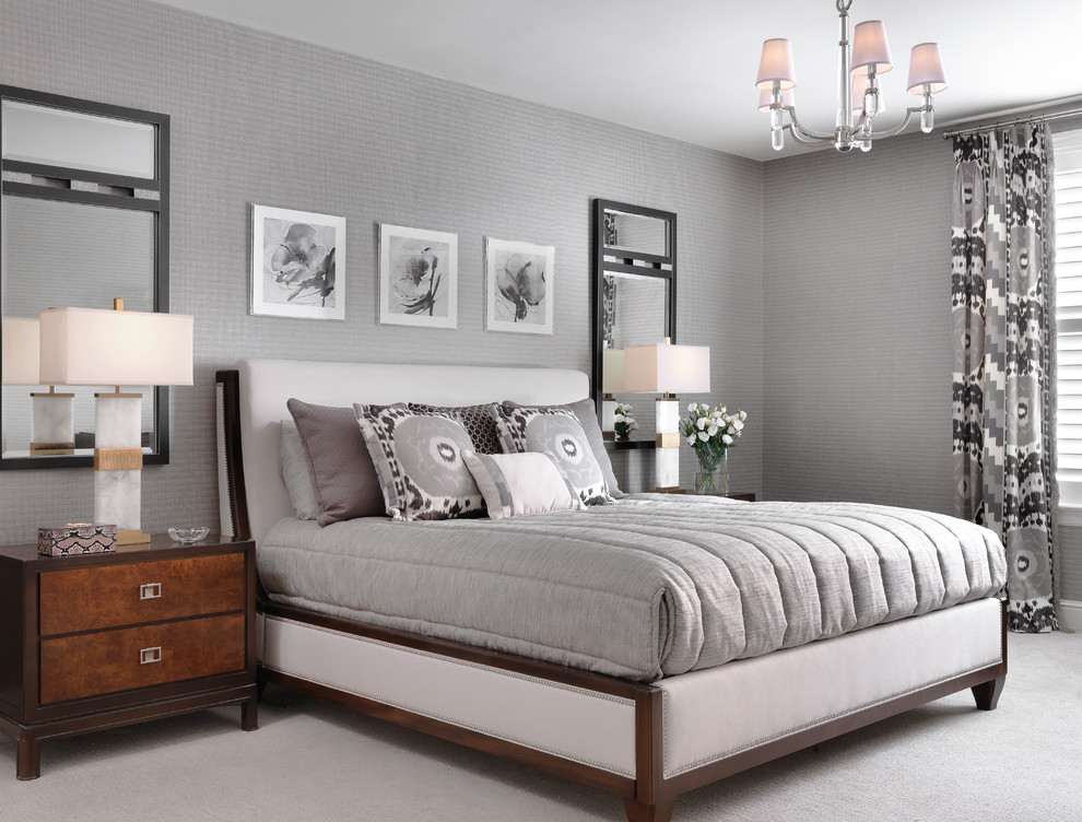 Transitional master bedroom in St Louis with grey walls, carpet and beige floor.