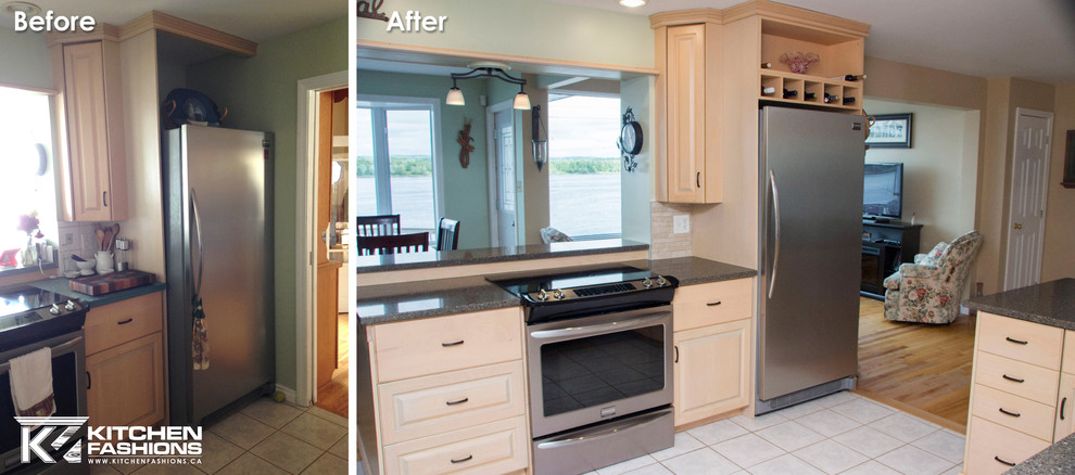 Inspiration for a large contemporary u-shaped porcelain tile eat-in kitchen remodel with an undermount sink, raised-panel cabinets, light wood cabinets, quartzite countertops, multicolored backsplash, porcelain backsplash, stainless steel appliances and a peninsula