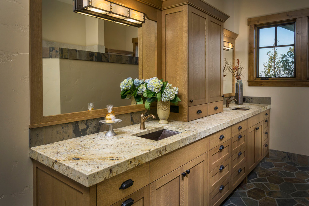 Inspiration for a large traditional master bathroom in Other with shaker cabinets, medium wood cabinets, beige walls, an undermount sink, granite benchtops, multi-coloured floor and beige benchtops.