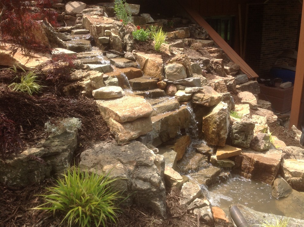 Photo of a large transitional backyard mulch pond in Chicago.