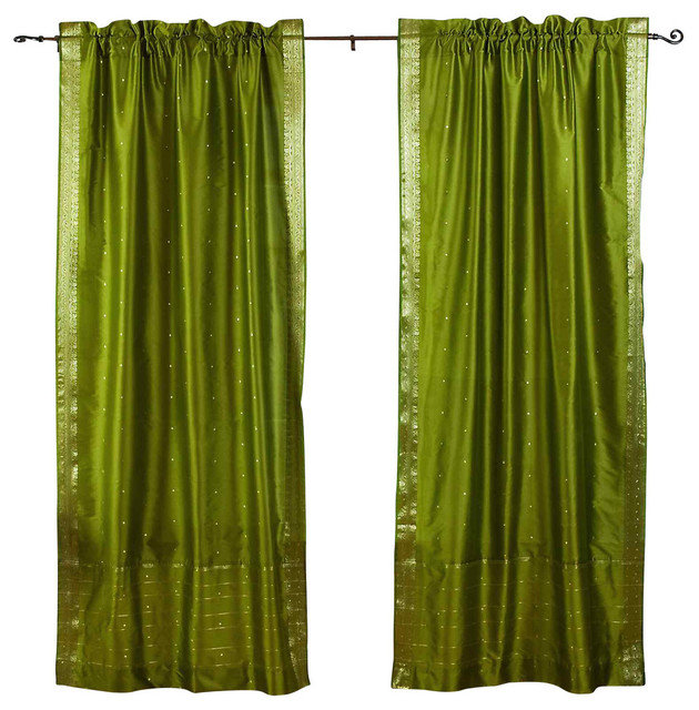 Olive Green Rod Pocket Sheer Sari Curtain / Drape / Panel - Pair ...