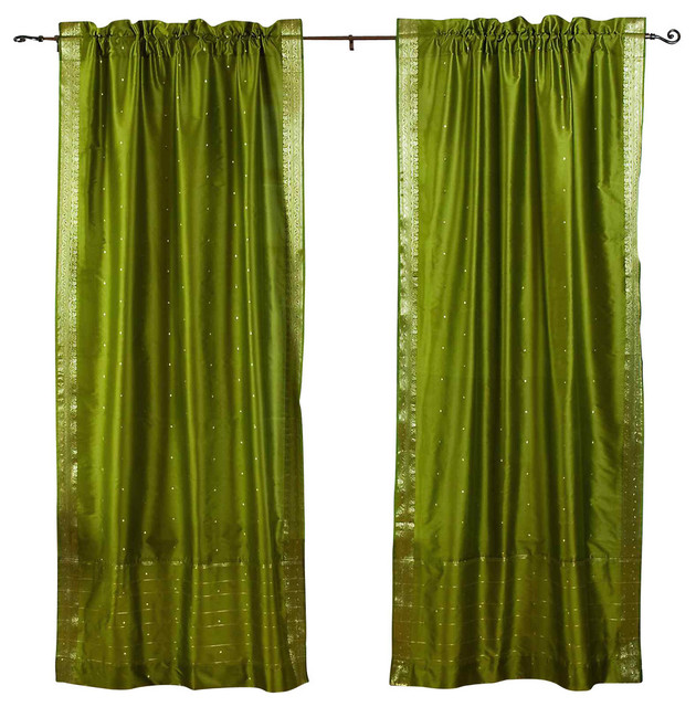 Olive Green Rod Pocket Sheer Sari Curtain Drape Panel Pair