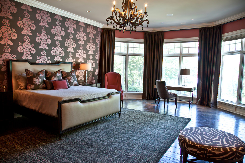 Inspiration for a large contemporary master bedroom in Milwaukee with red walls, dark hardwood floors and no fireplace.