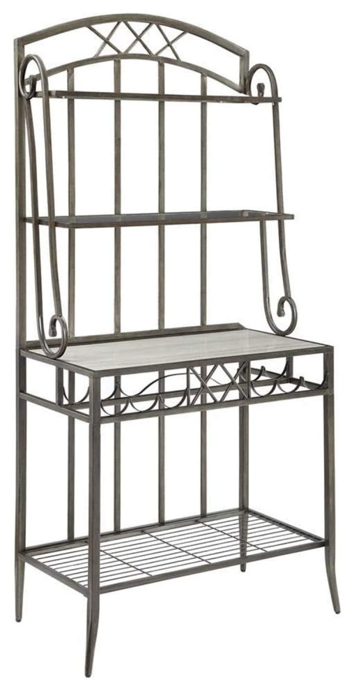 Transitional Bakers Rack, 2 Glass Shelves and Faux Marble Top With