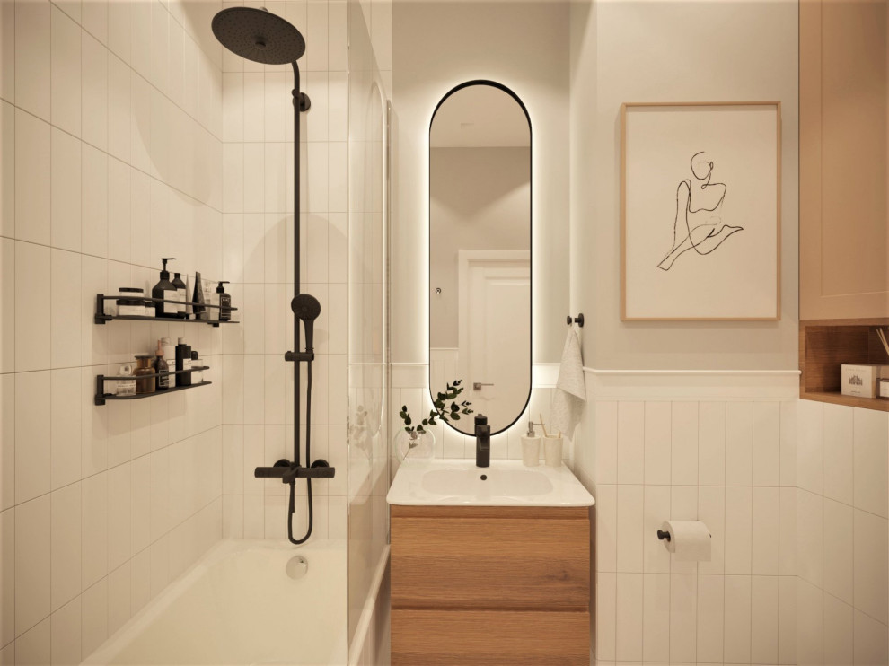 Идея дизайна: маленькая главная ванная комната в белых тонах с отделкой деревом в скандинавском стиле с бежевыми фасадами, инсталляцией, белой плиткой, полом из керамогранита, тумбой под одну раковину и подвесной тумбой для на участке и в саду