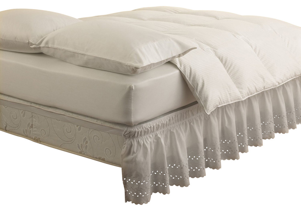 WRAP AROUND EYELET LACE BED SKIRT DUST RUFFLE, 18" DROP, White, Twin Extra Long