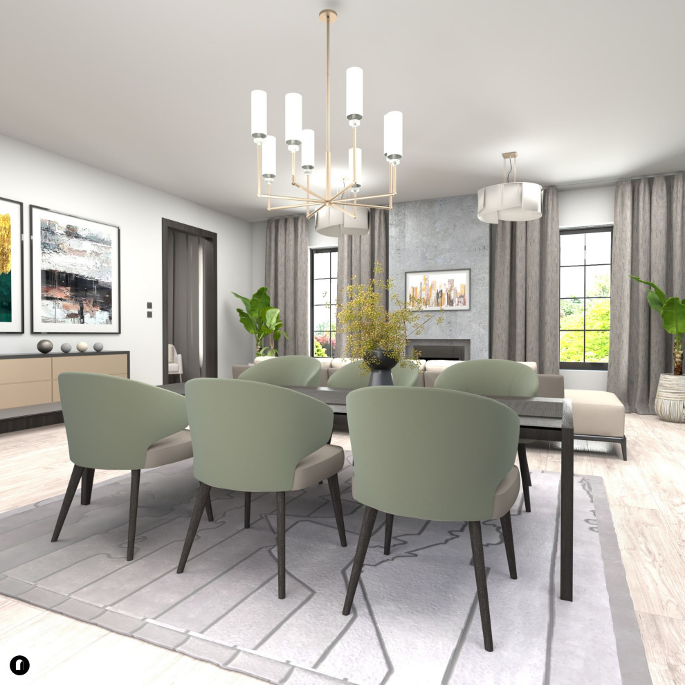 Design ideas for a large contemporary open plan dining in Glasgow with white walls, light hardwood floors, a wood stove, a concrete fireplace surround, grey floor and wallpaper.