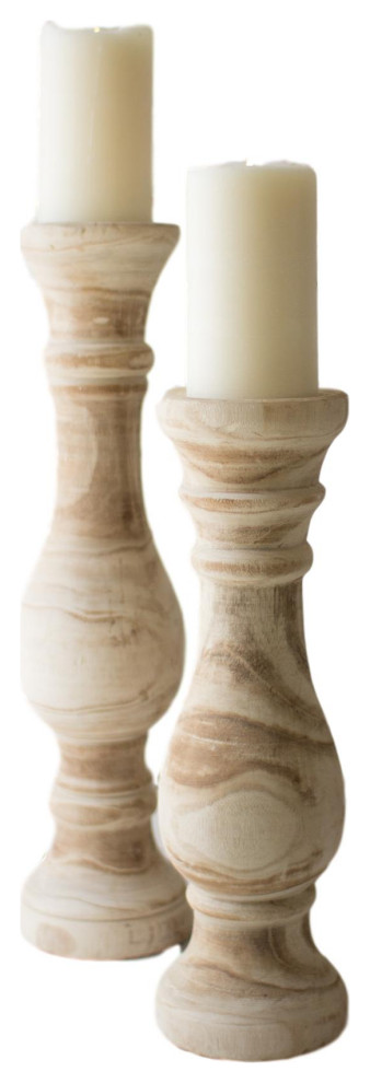 Natural Classic Carved Wood Pillar Candle Stick Holder 2-Piece Set