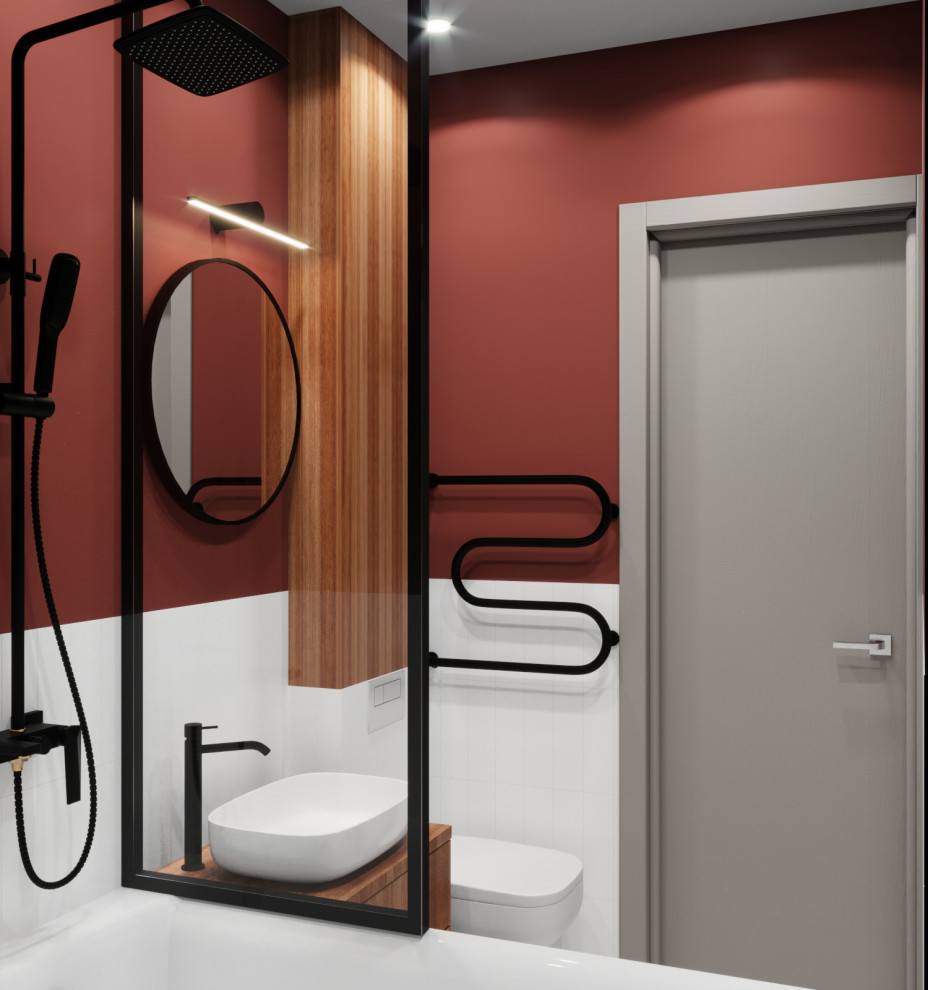 Идея дизайна: маленькая главная ванная комната в современном стиле с коричневыми фасадами, полновстраиваемой ванной, душем над ванной, инсталляцией, белой плиткой, керамической плиткой, красными стенами, полом из керамогранита, накладной раковиной, столешницей из дерева, белым полом, шторкой для ванной, коричневой столешницей, тумбой под одну раковину и подвесной тумбой для на участке и в саду