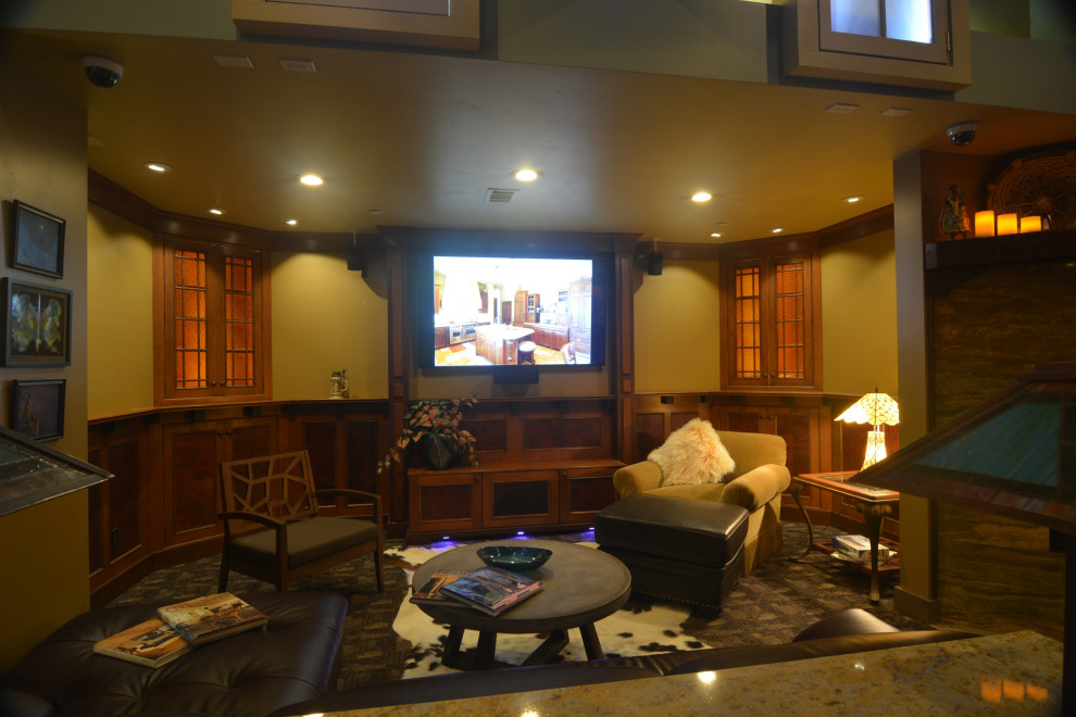 Inspiration for a mid-sized traditional open concept living room in San Luis Obispo with beige walls, carpet, a corner fireplace, a stone fireplace surround, a wall-mounted tv, multi-coloured floor and decorative wall panelling.