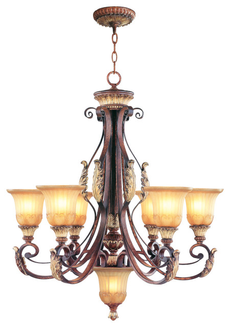 Verona Bronze 6 Light 600W Chandelier With Medium Bulb Base And Rustic Art Glass