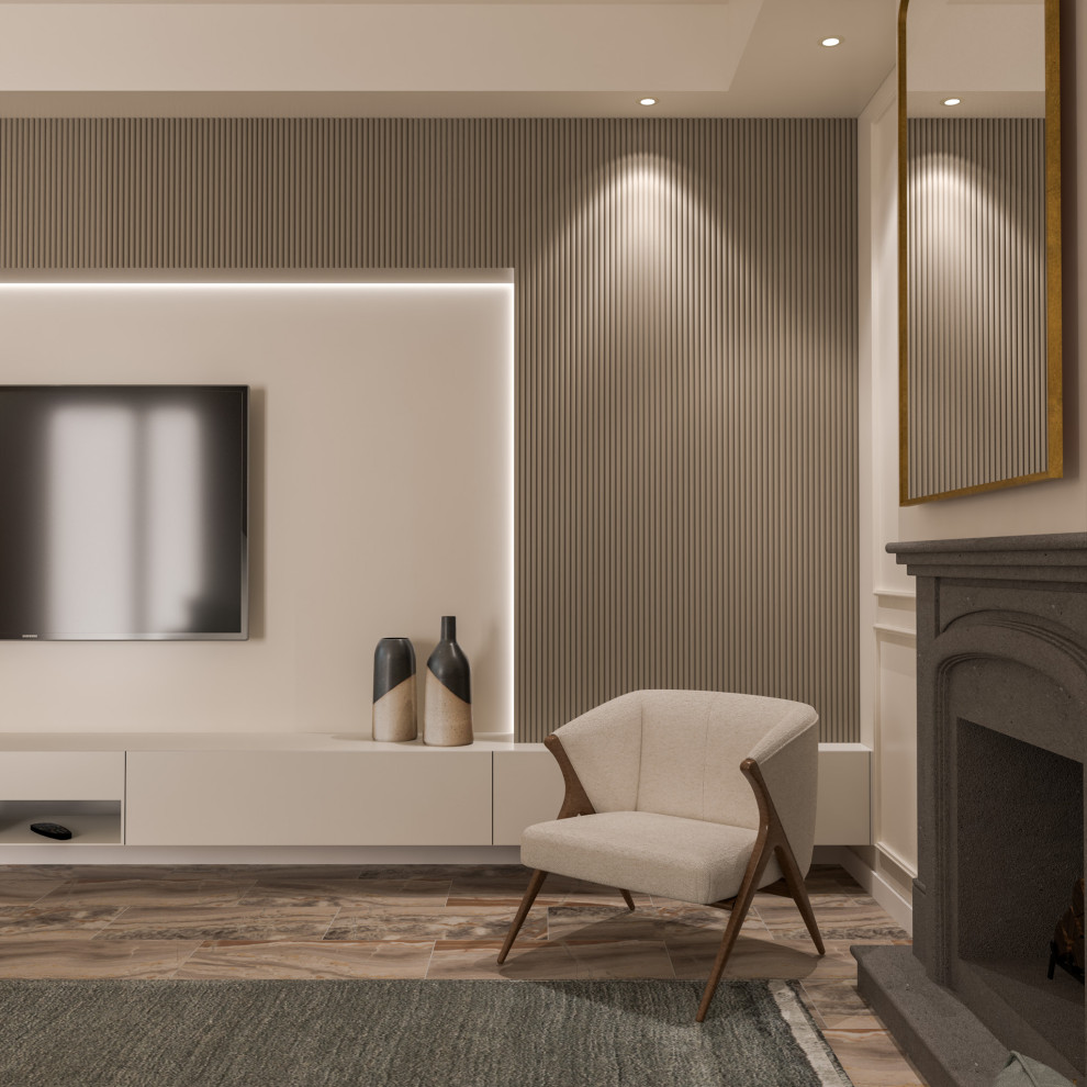 Inspiration for a large contemporary open concept living room in Milan with white walls, marble floors, a standard fireplace, a stone fireplace surround and a wall-mounted tv.