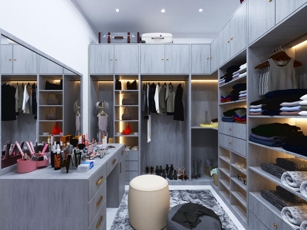 Design ideas for a small modern women's walk-in wardrobe in Other with open cabinets, light wood cabinets, porcelain floors and white floor.