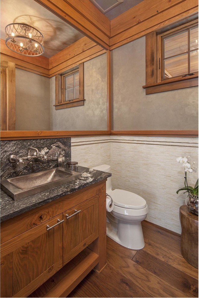 Powder room - mid-sized rustic gray tile powder room idea in Seattle