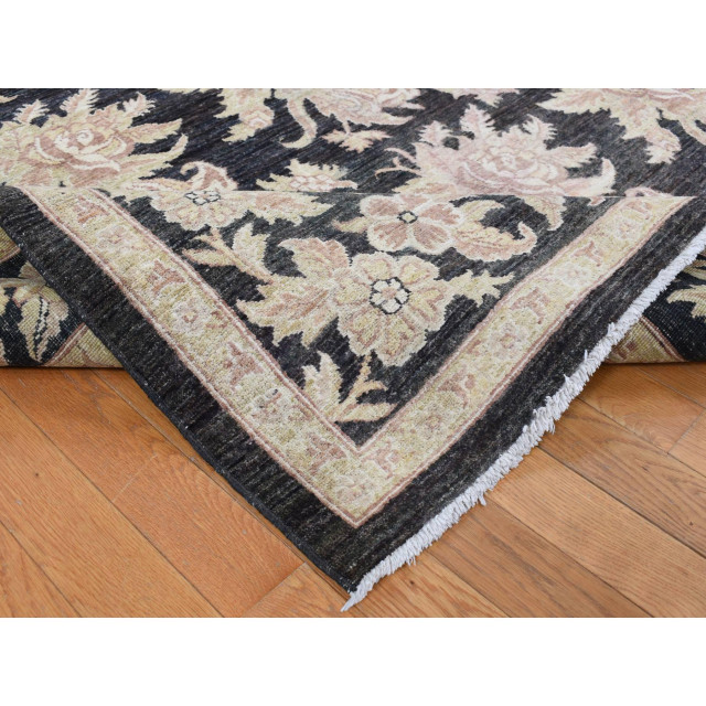 Black Dense Weave Fine Peshawar Hand Knotted Wool Oriental Rug 9'1