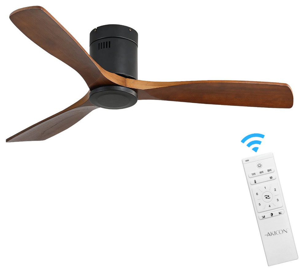 52" Solid Wood Ceiling Fan and Remote Control Reversible Blades, Matte Blck