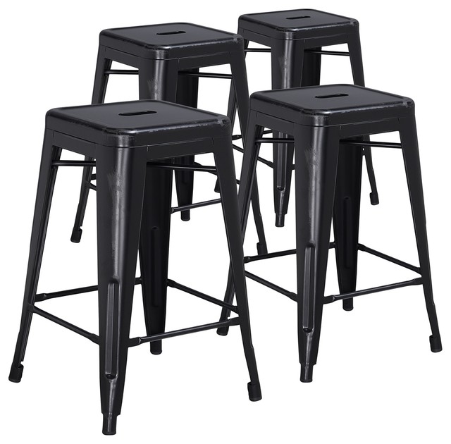 24" High Backless Distressed Black Metal Indoor Counter Stools, Set of 4
