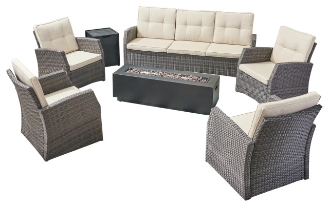 Gdf Studio Jake Outdoor 7 Seater Wicker Chat Set With An Iron Fire