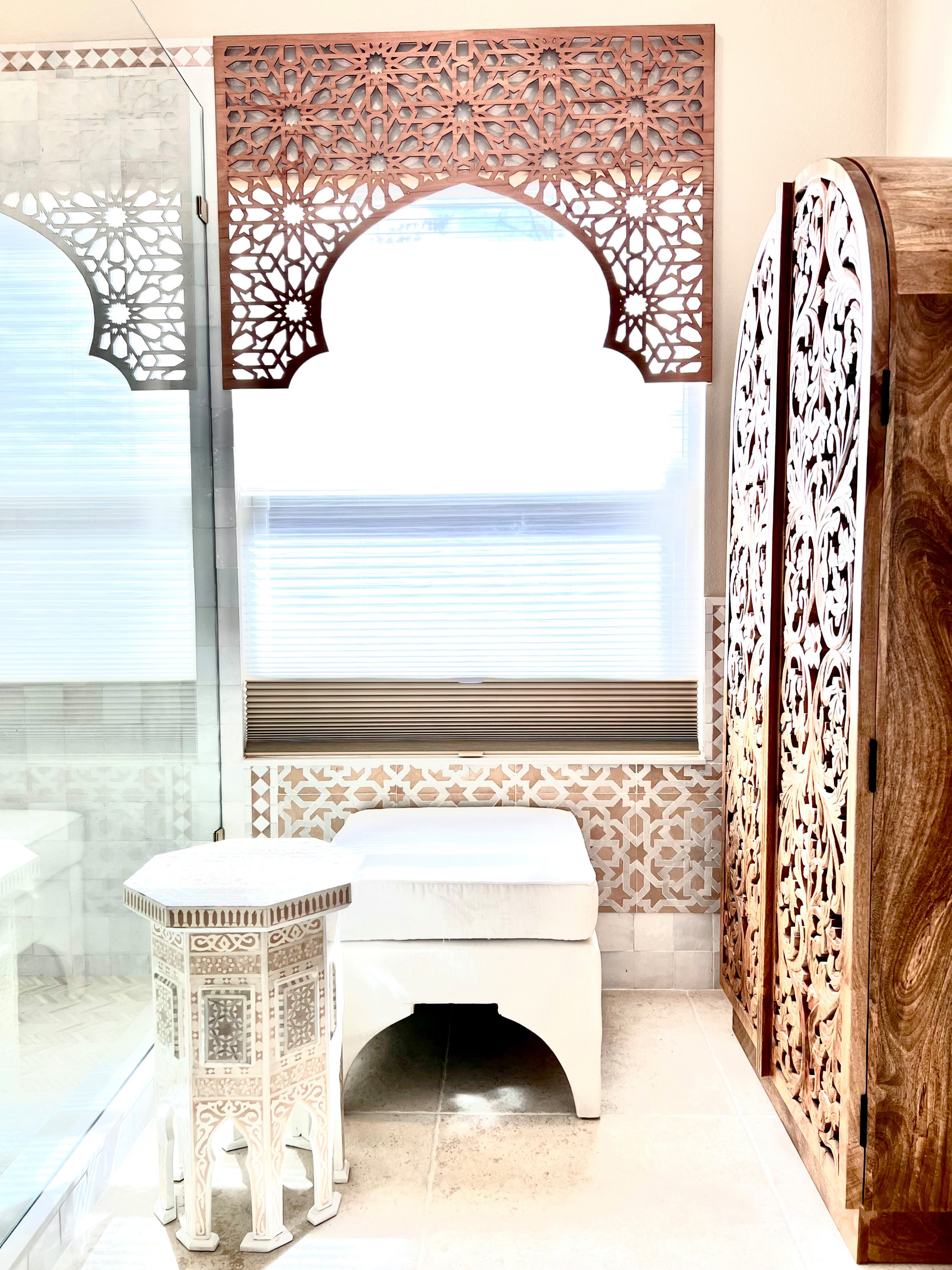Bold Patterns, Furnishings, Window Valance & Tile Create a Light Filled Oasis
