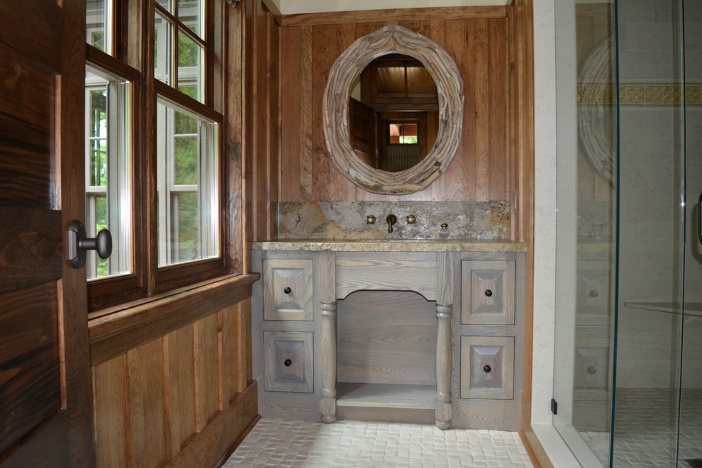 Small mountain style 3/4 ceramic tile bathroom photo in Toronto with an undermount sink, granite countertops, raised-panel cabinets, distressed cabinets and brown walls