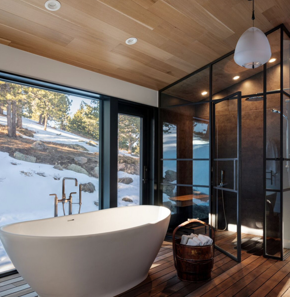 This is an example of a contemporary bathroom in Denver with a freestanding bath, a built-in shower, brown tiles, white walls, dark hardwood flooring, brown floors, a hinged door, a vaulted ceiling and a wood ceiling.