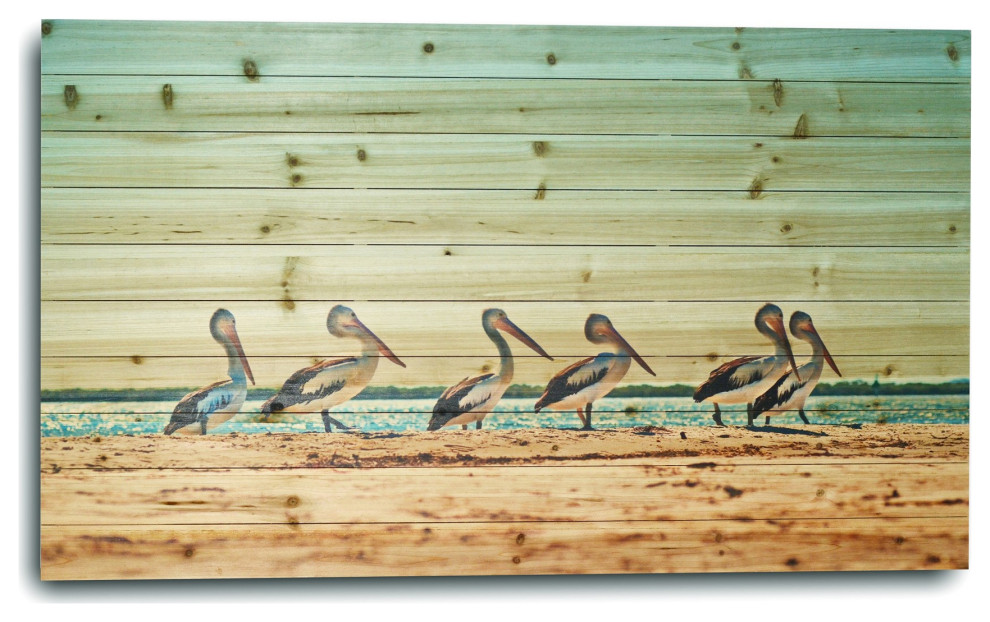 48" Pelican Flock at the Beach Wood Plank Wall Art Beach Style
