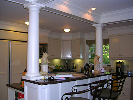 Enclosed kitchen - mid-sized transitional enclosed kitchen idea in Boston with open cabinets, white cabinets and stainless steel appliances