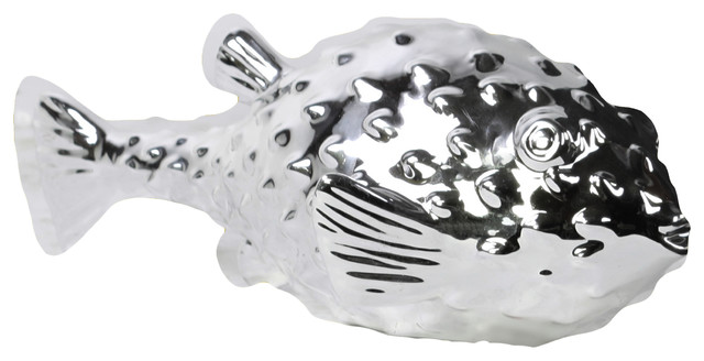 Porcelain Pufferfish Figurine, Chrome Silver