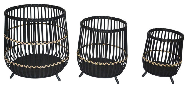 S/3 Bamboo Footed Planters 17/14/10", Black