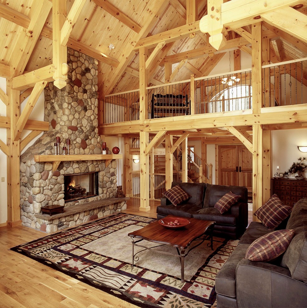 Great Room With Loft in Timberframe Ski Home - Rustic - Living Room ...