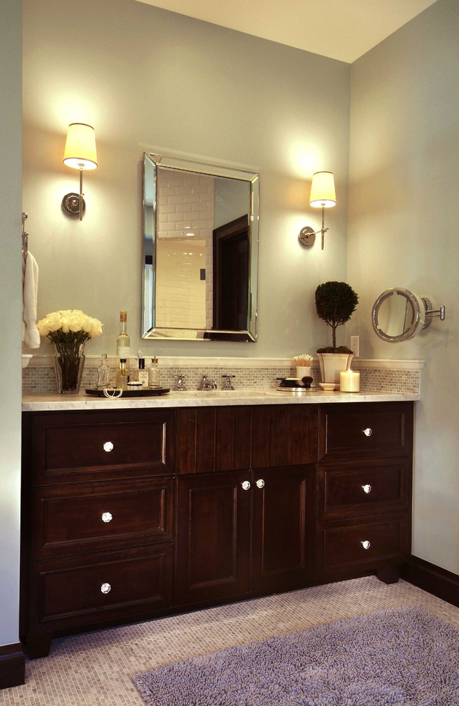 Inspiration for a small traditional master bathroom in Denver with recessed-panel cabinets, an integrated sink, dark wood cabinets, marble benchtops, grey walls, mosaic tile floors, beige tile and mosaic tile.