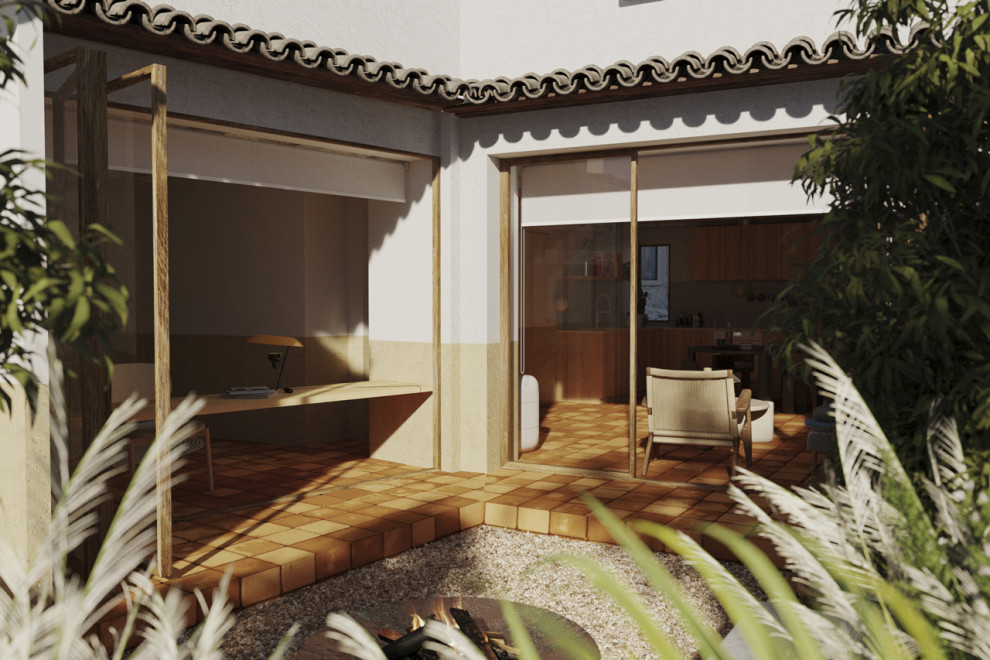 Inspiration pour une petite terrasse arrière rustique avec un foyer extérieur, du gravier et aucune couverture.