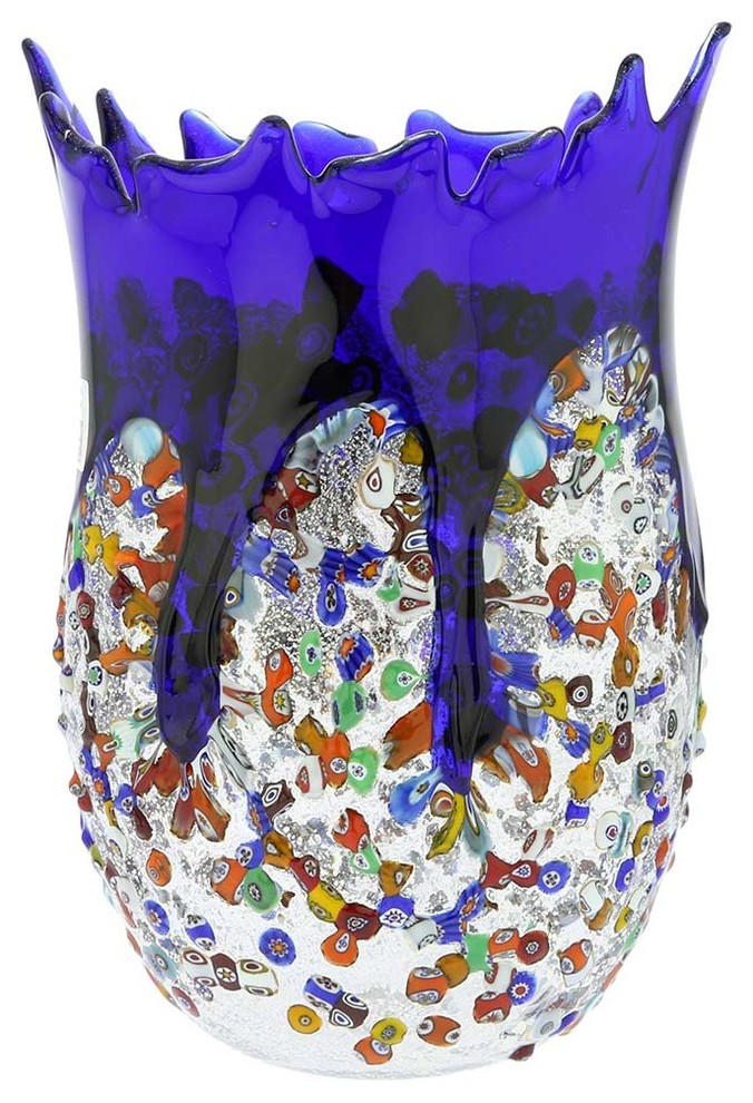 GlassOfVenice Murano Glass Millefiori Art Glass Spiky Vase - Blue