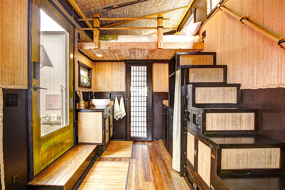 Design ideas for a small asian home design in Portland.