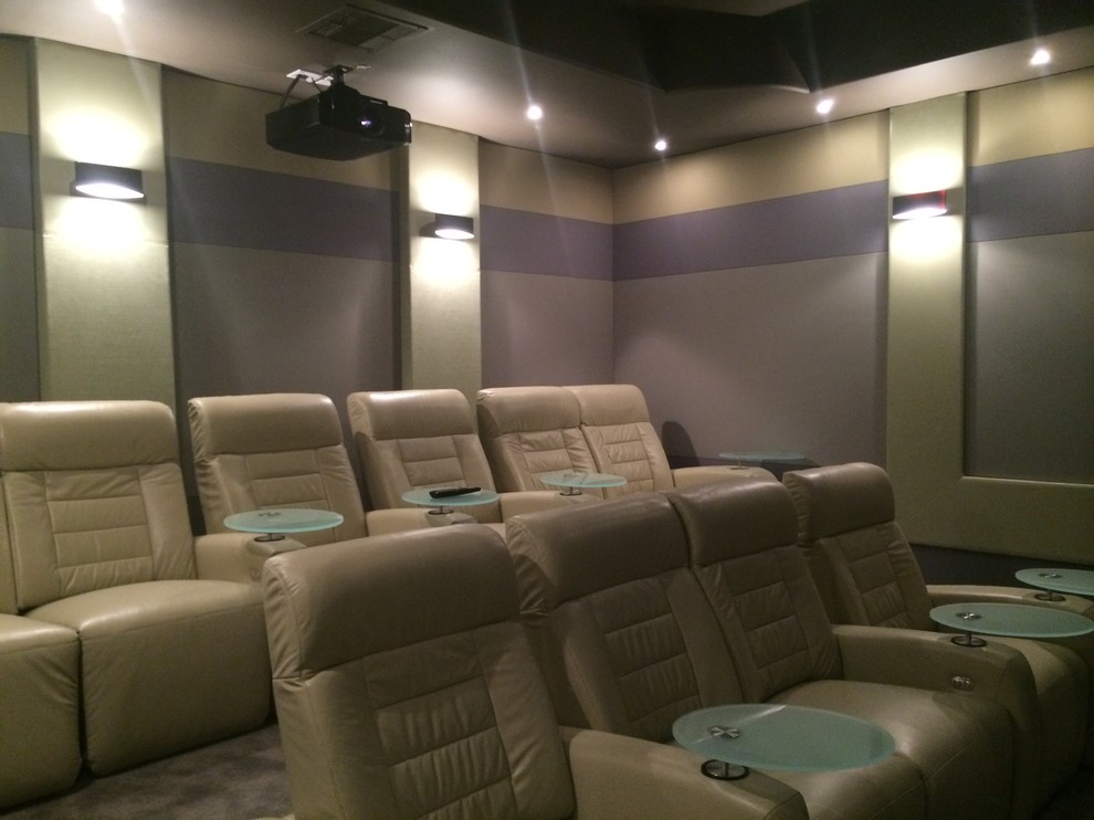 Design ideas for a transitional home theatre in Houston.