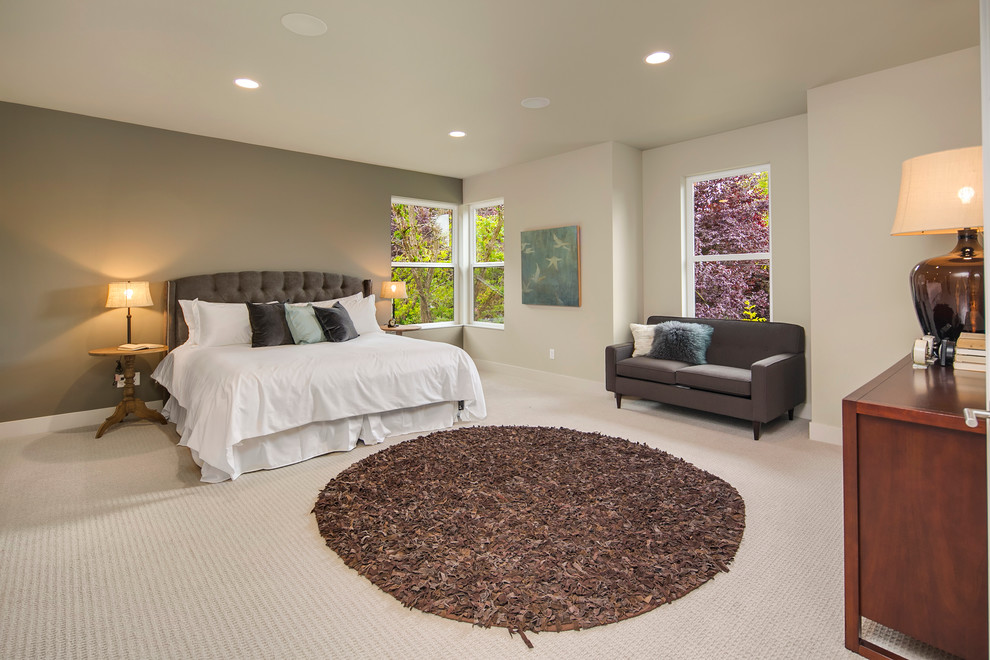Design ideas for a contemporary master bedroom in Seattle with carpet and multi-coloured walls.
