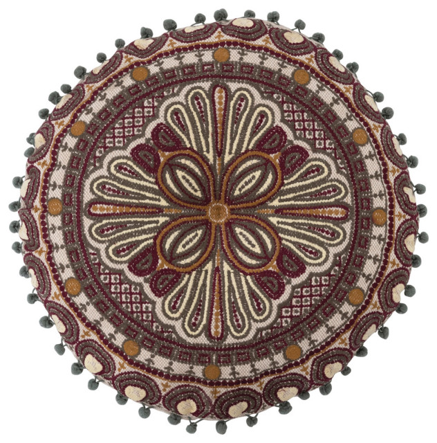 Round Cotton Embroidered Pillow With Pom Pom Trim
