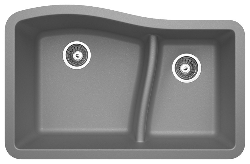 Swan Granite Large/Small Double Bowl Undermount Kitchen Sink 32"x21", Metallico