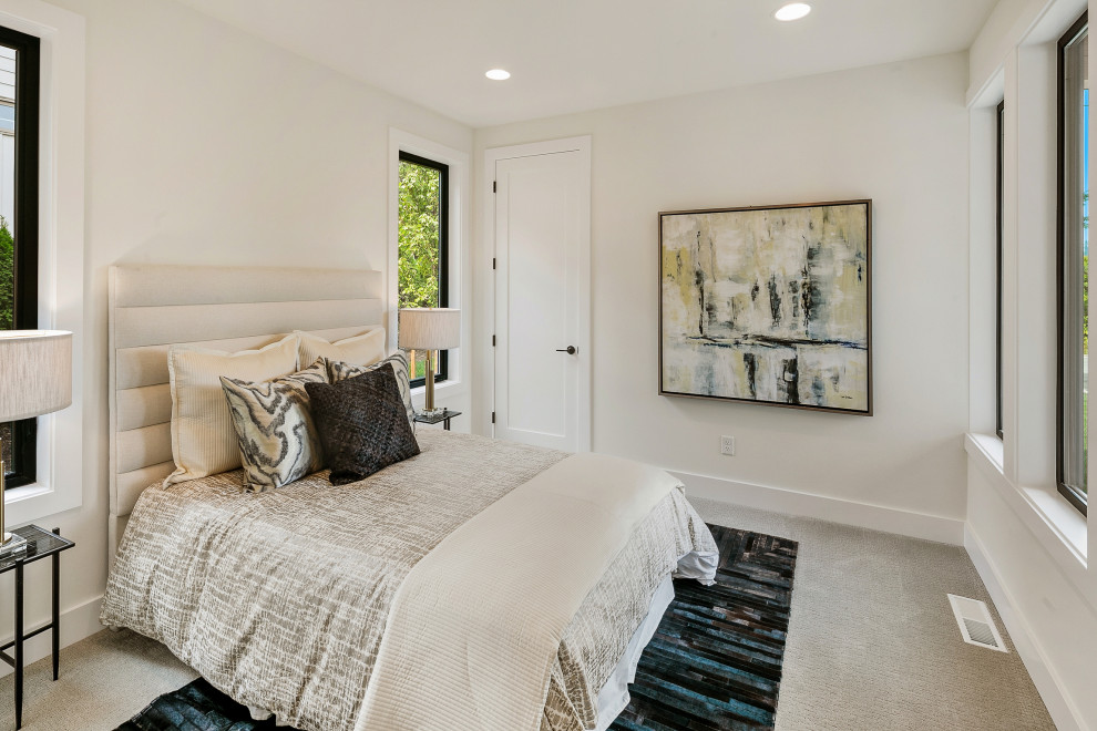 Esempio di una camera degli ospiti minimalista di medie dimensioni con pareti bianche, moquette e pavimento grigio