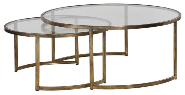 Set of 2 Bronze Gold Nesting Coffee Tables, Round Large Modern Minimalist